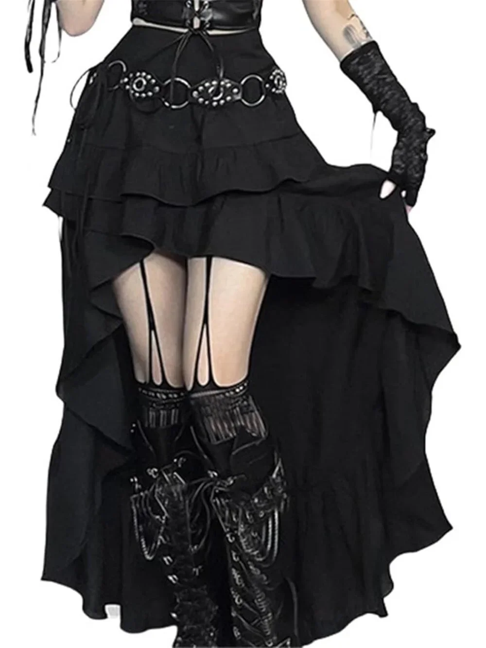 Gothic Tiered Maxi Skirt Asymmetrical High Waist Y2K Punk Grunge